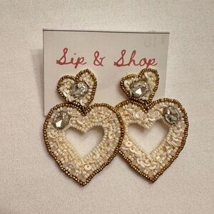 White Beaded Heart Drop Earrings